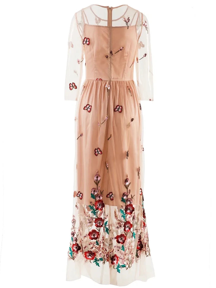 Women's Mesh Embroidery Maxi Dress