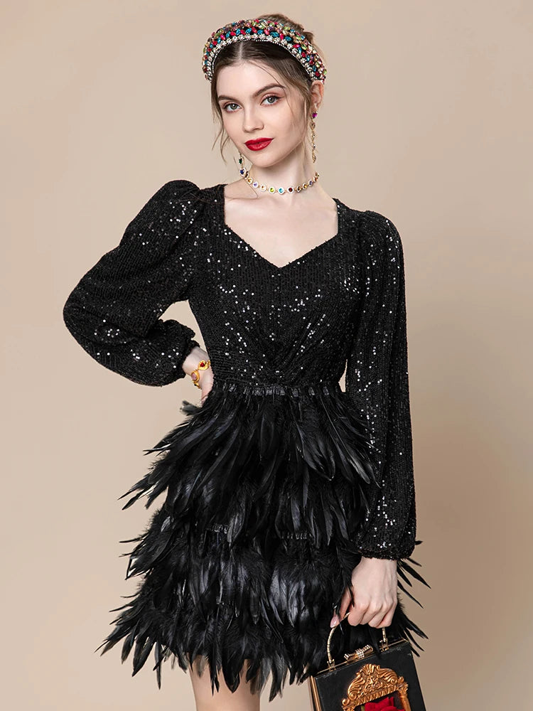 Women's Black Long Sleeve Sequin Splice Feather Mini Dress