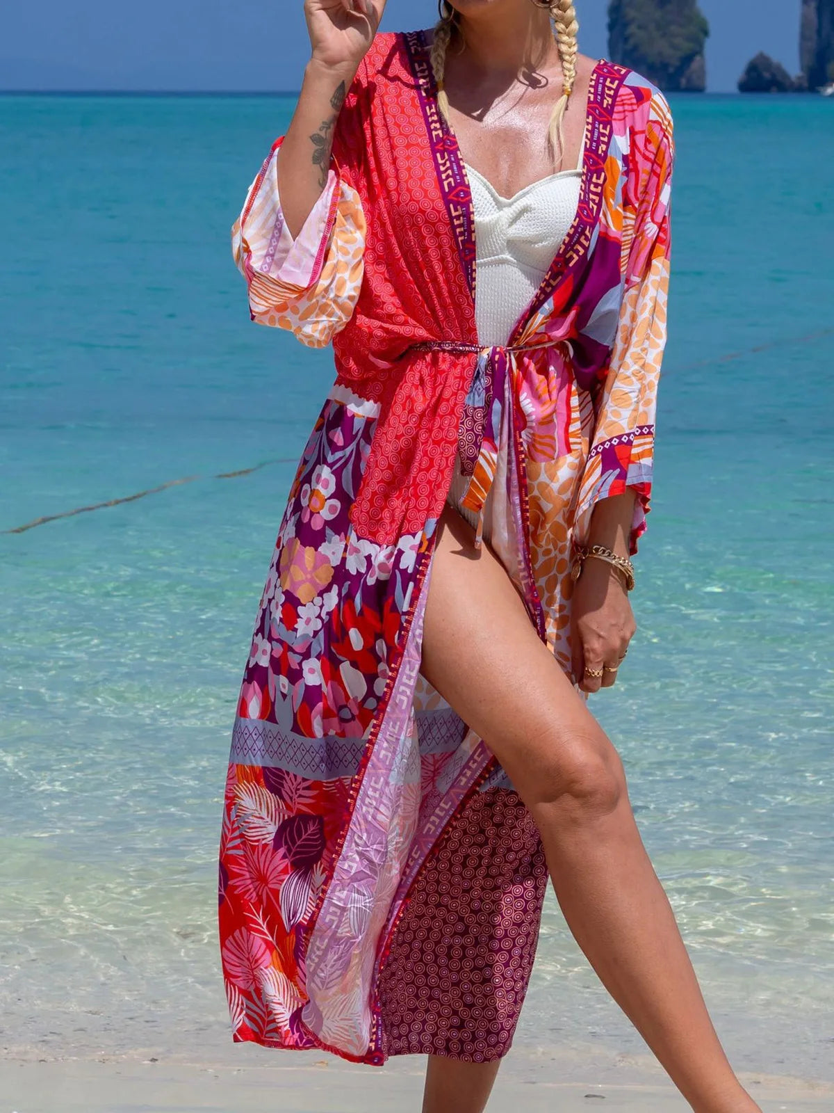 Printed V-Neck Loose Boho Kaftan for Beach Cover-ups