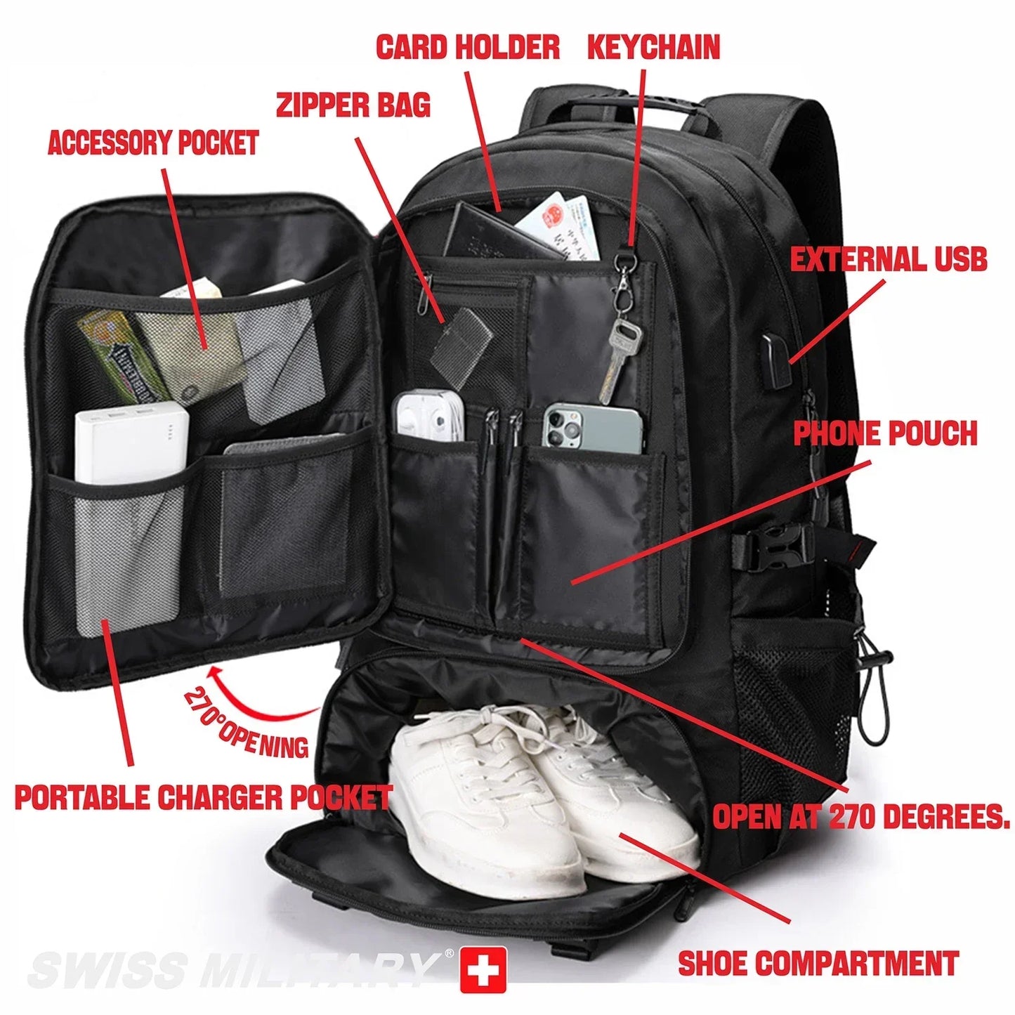 SWISS MILITARY Large Capacity Expandable Travel Backpack with USB