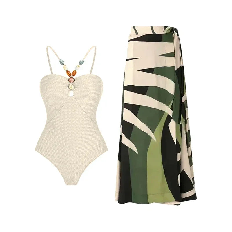 Women's One-Piece Swimsuit Set with Retro Floral Printed Skirt