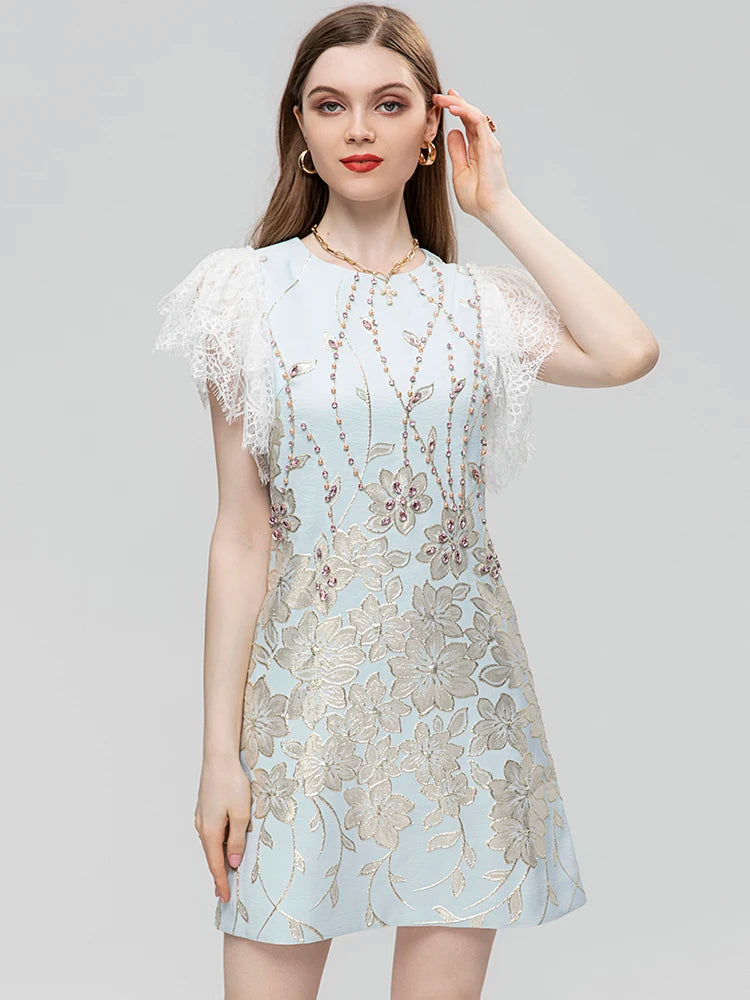 Women's Jacquard Mini Dress with Beading Diamonds