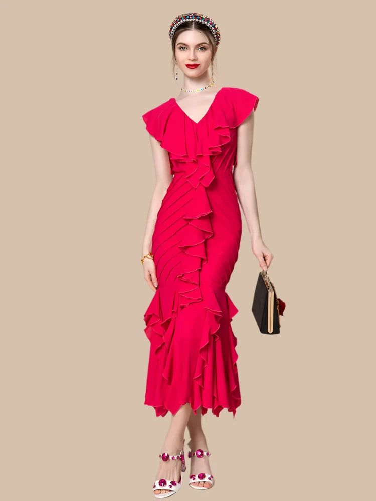 Women's Red V-Neck Slim Fit Ruffle Dress