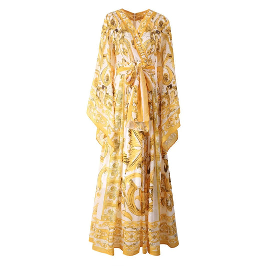 Golden White Porcelain Flower Print Maxi Dress For Women