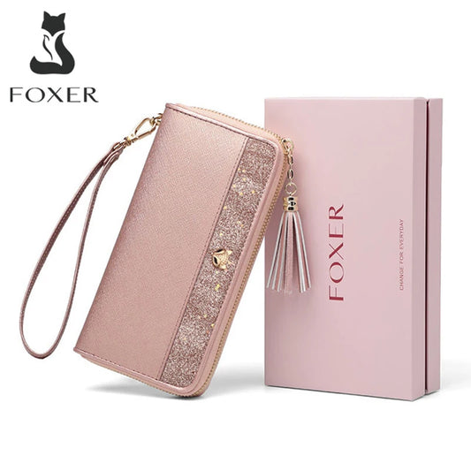 FOXER Women's Glitter Split Leather Long Wallet