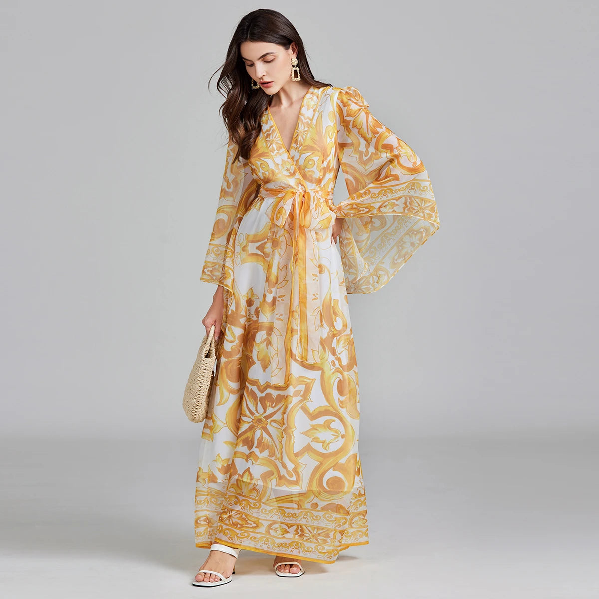 Golden White Porcelain Flower Print Maxi Dress For Women