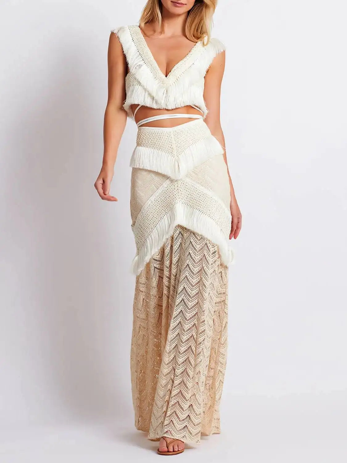 Fringe Trim Cropped Top and Skirt  Beach Set