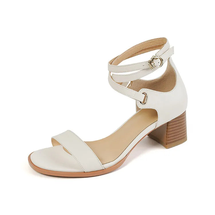 Women's Round Toe Chunky Heel Leather Sandals