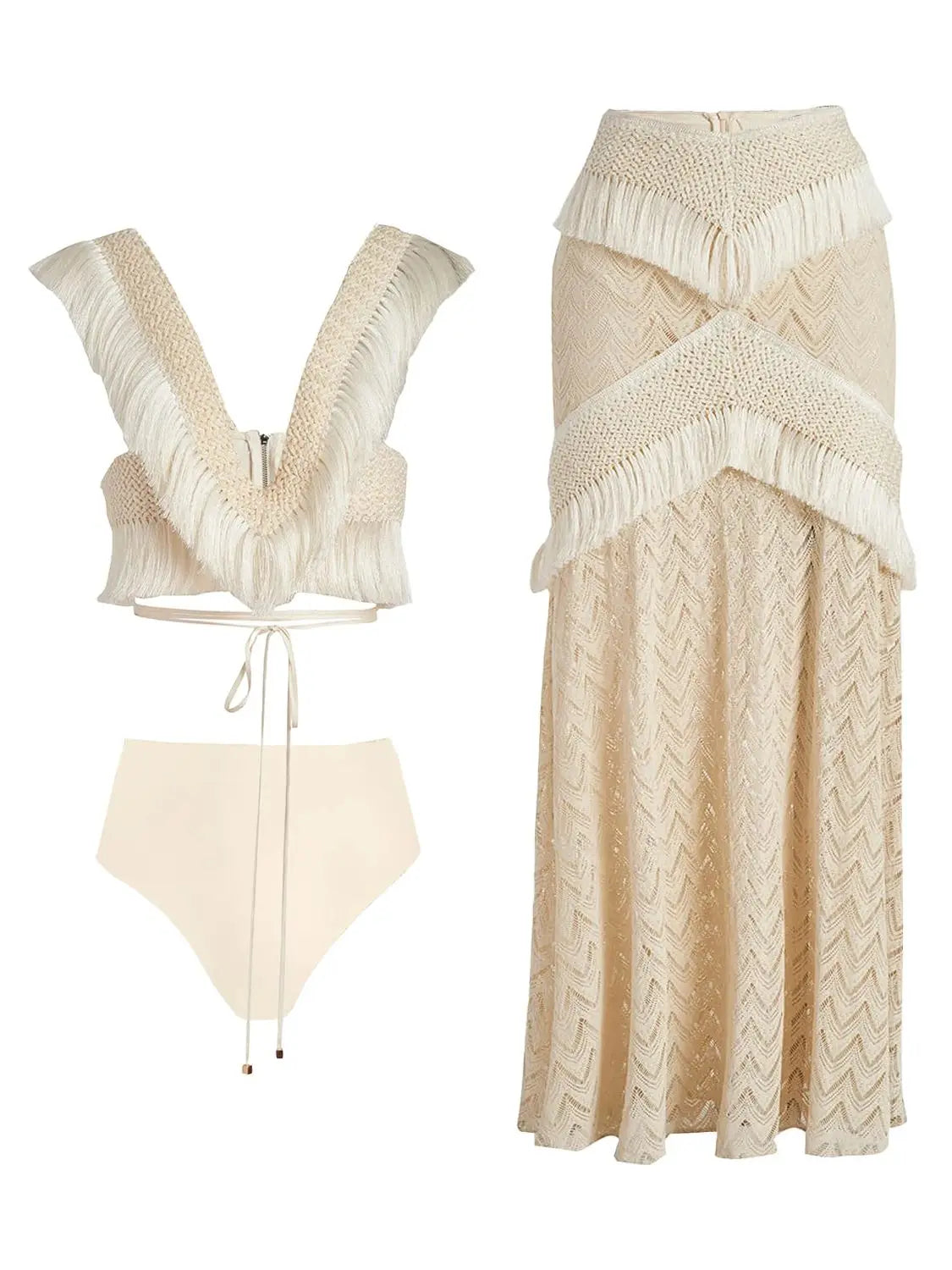 Fringe Trim Cropped Top and Skirt  Beach Set