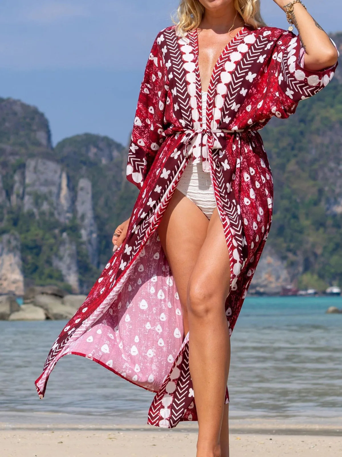 Printed V-Neck Loose Boho Kaftan for Beach Cover-ups