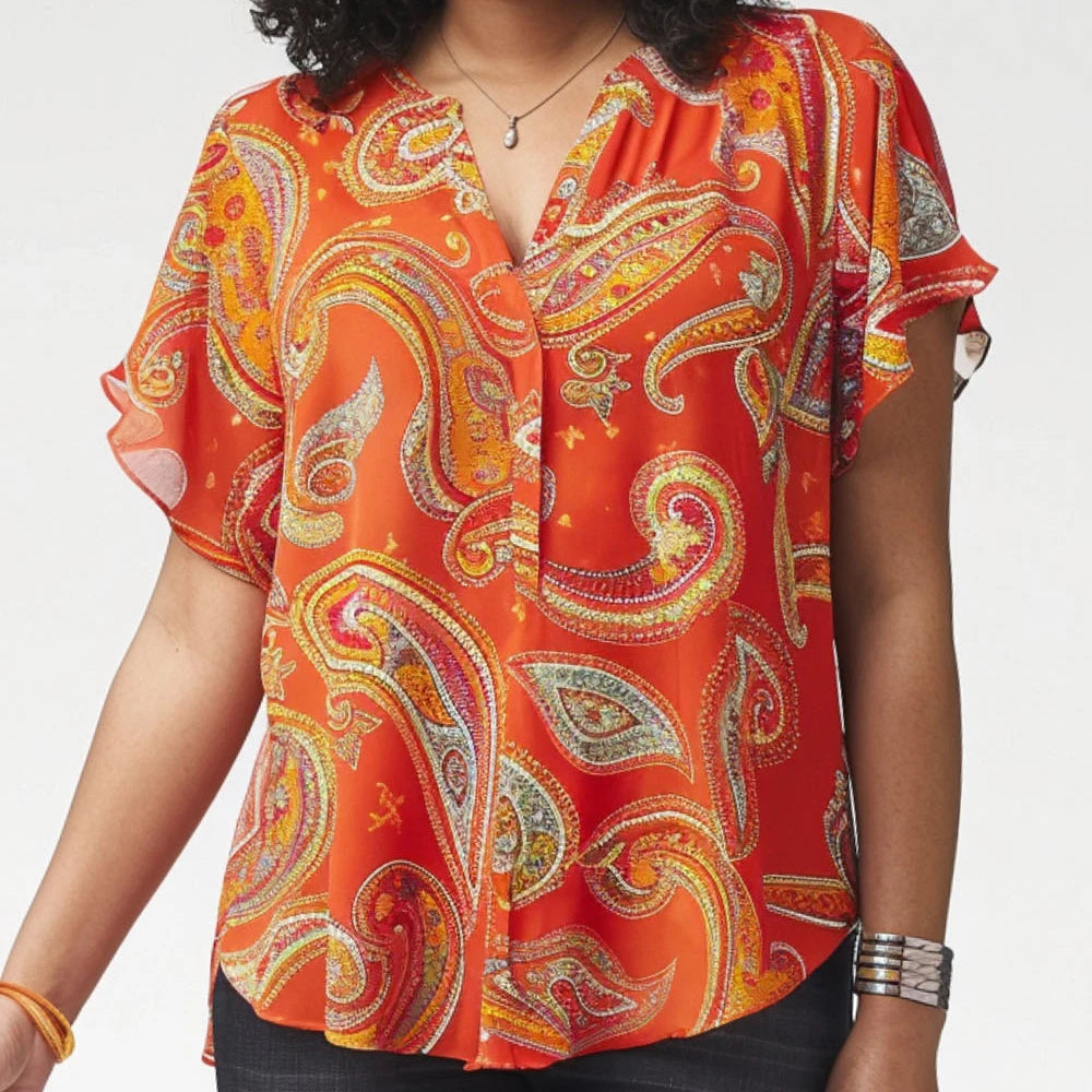 Ladies Plus Size Short Sleeve Paisley Blouse