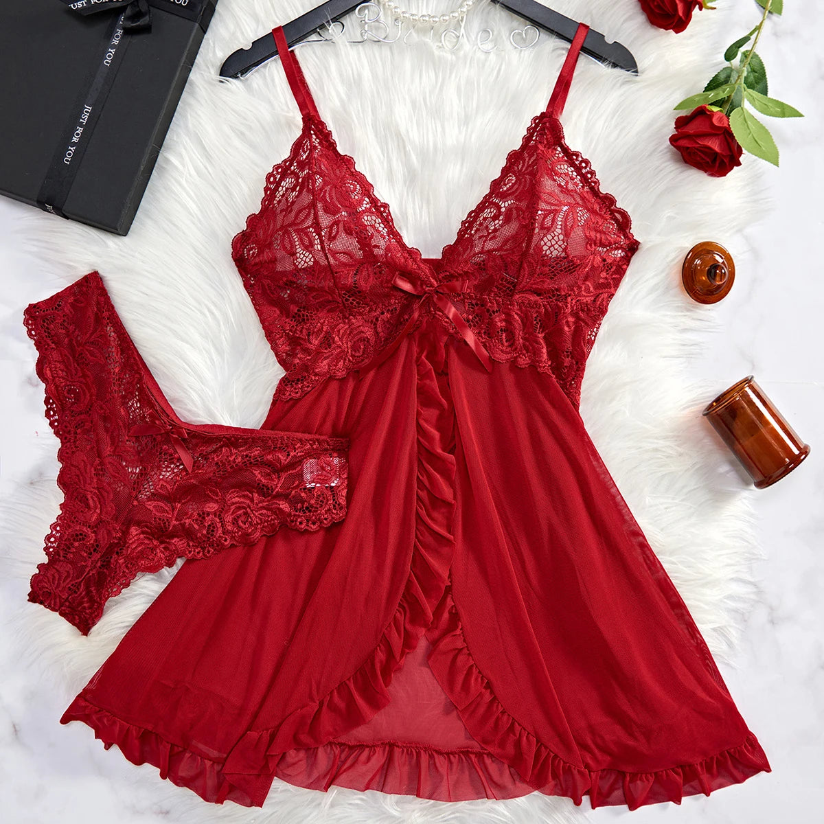 Transparent Red Women's Lace Nightdress And Panty Set