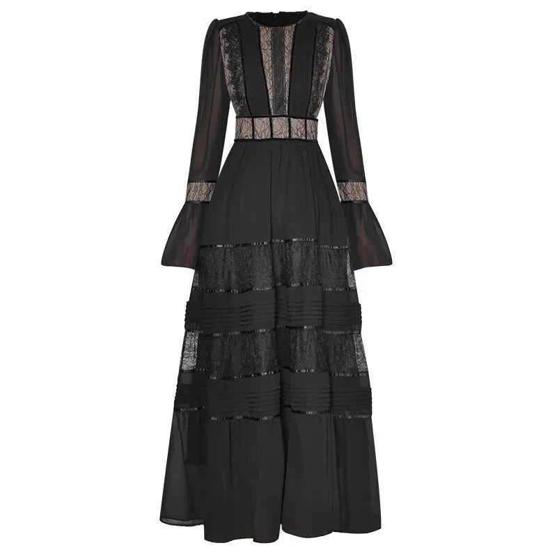 Women's Long Sleeved Lace Patchwork Maxi Dress