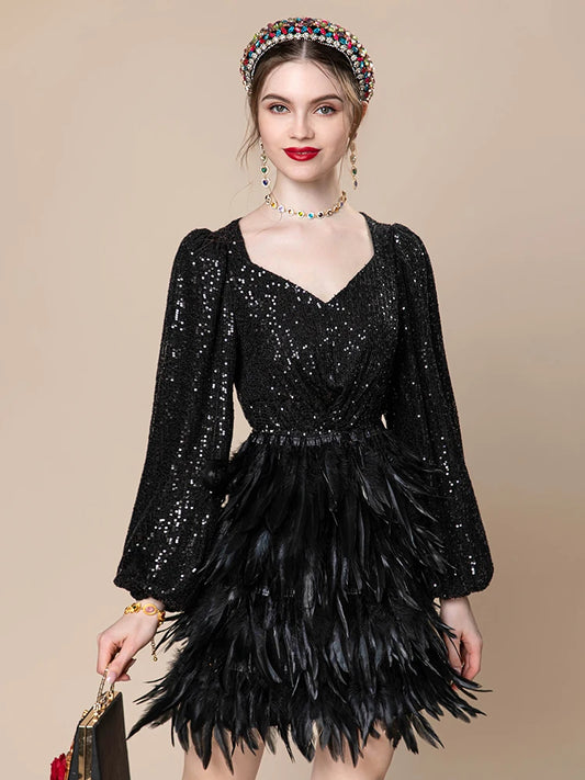 Women's Black Long Sleeve Sequin Splice Feather Mini Dress