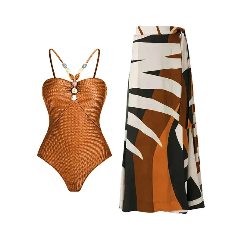 Women's One-Piece Swimsuit Set with Retro Floral Printed Skirt