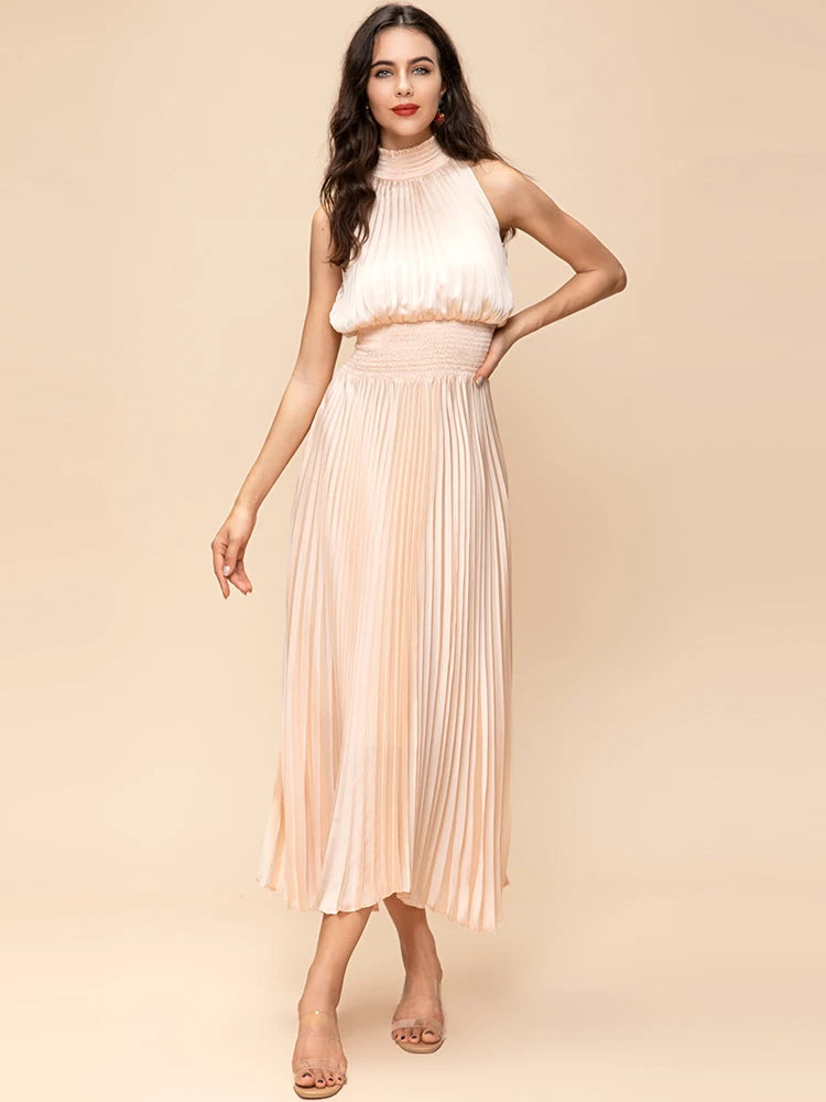 Women's  Halter Neck Sleeveless Elastic Waist Long Pleated Dress