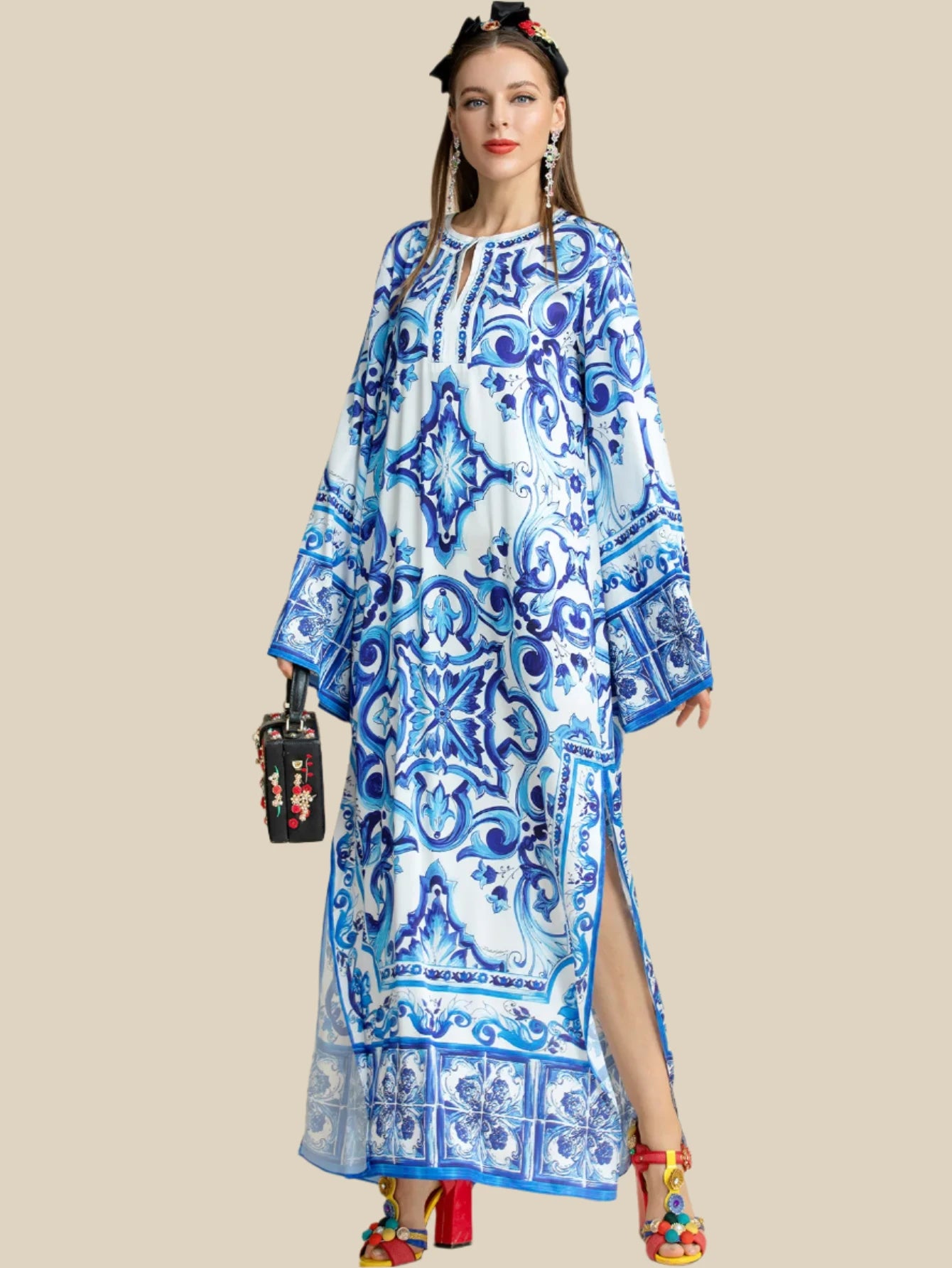 Women's Blue and White Porcelain Printed Bohemian Maxi Dress