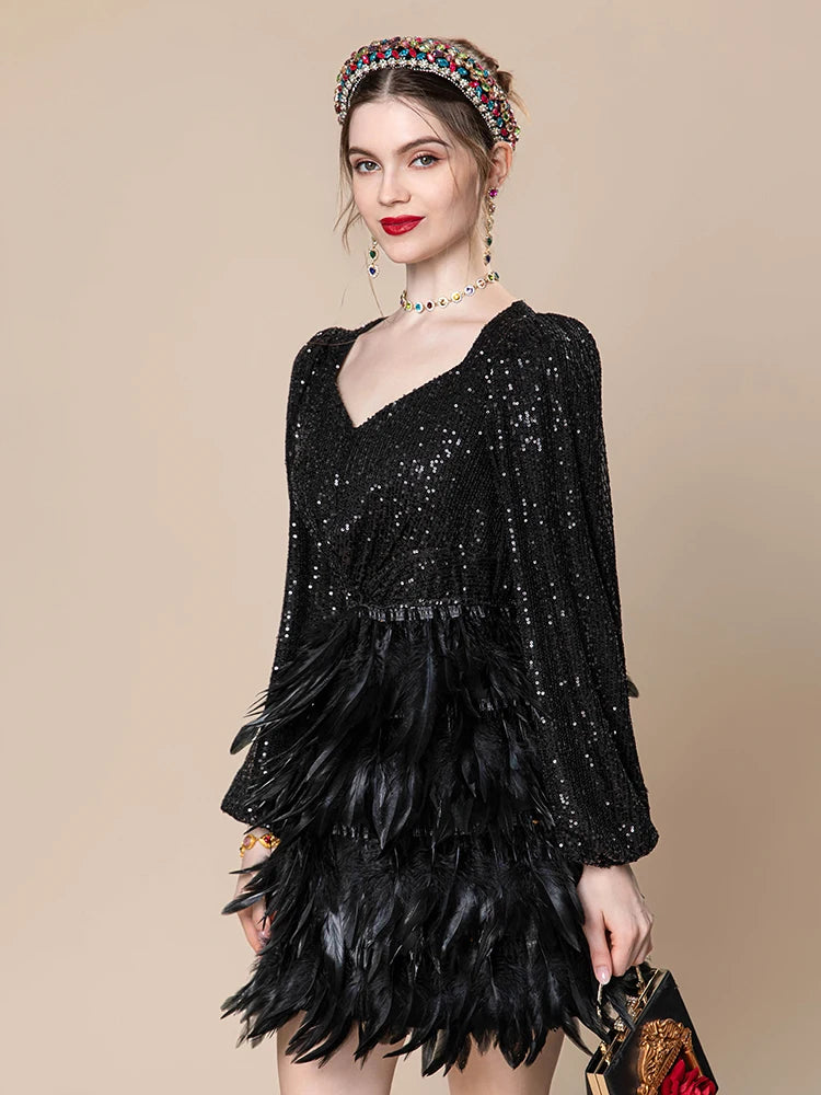 Women's Black Long Sleeve Sequin Splice Feather Mini Dress