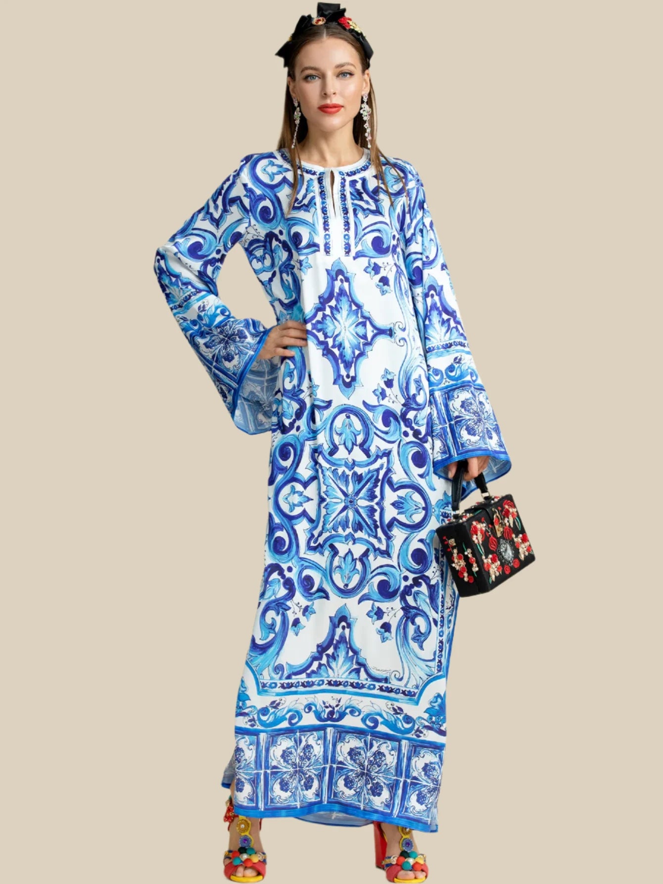 Women's Blue and White Porcelain Printed Bohemian Maxi Dress