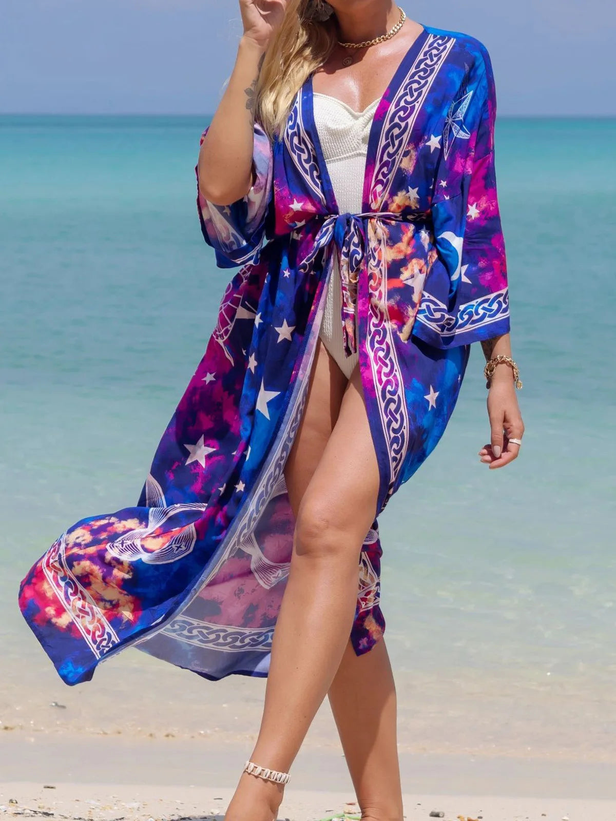 Printed V-Neck Loose Boho Kaftan for Beach Cover-ups