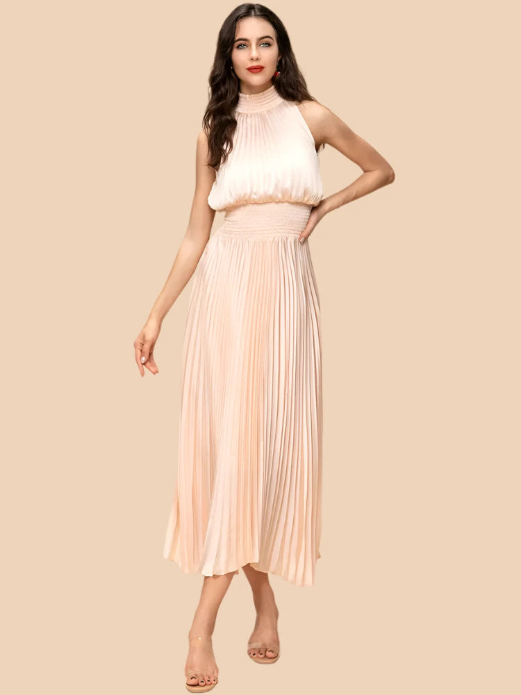 Women's  Halter Neck Sleeveless Elastic Waist Long Pleated Dress