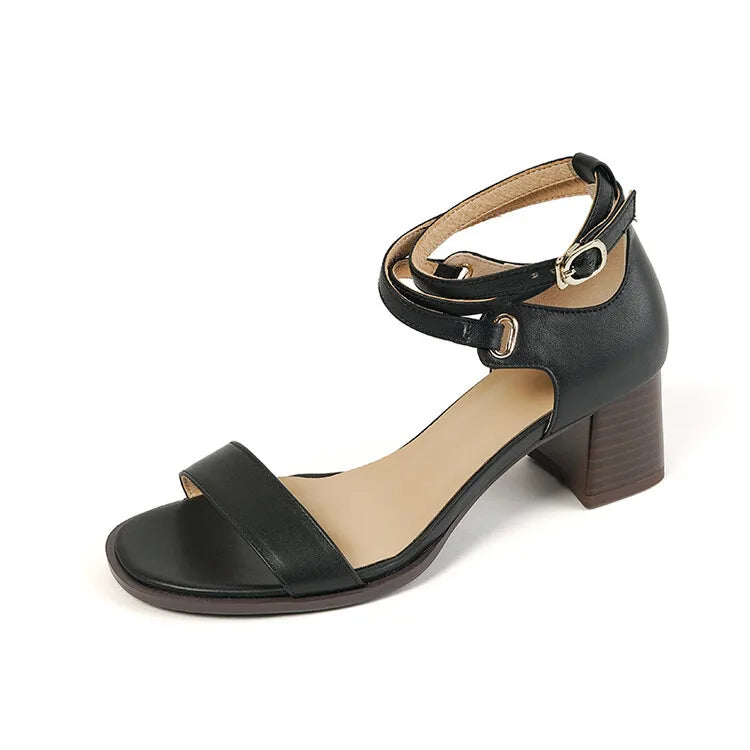 Women's Round Toe Chunky Heel Leather Sandals