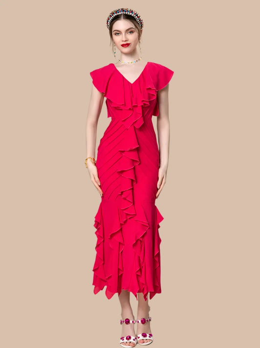 Women's Red V-Neck Slim Fit Ruffle Dress