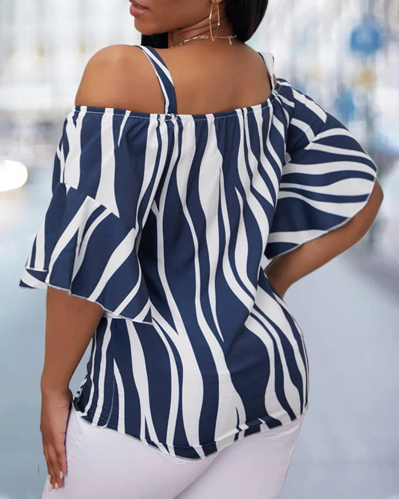 Plus Size Abstract Print Cold Shoulder Ruffles Top