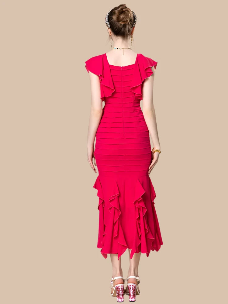 Women's Red V-Neck Slim Fit Ruffle Dress