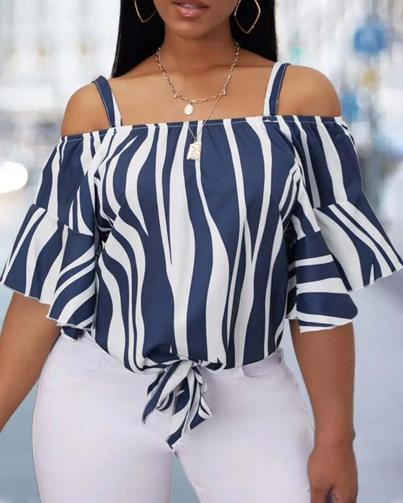 Plus Size Abstract Print Cold Shoulder Ruffles Top