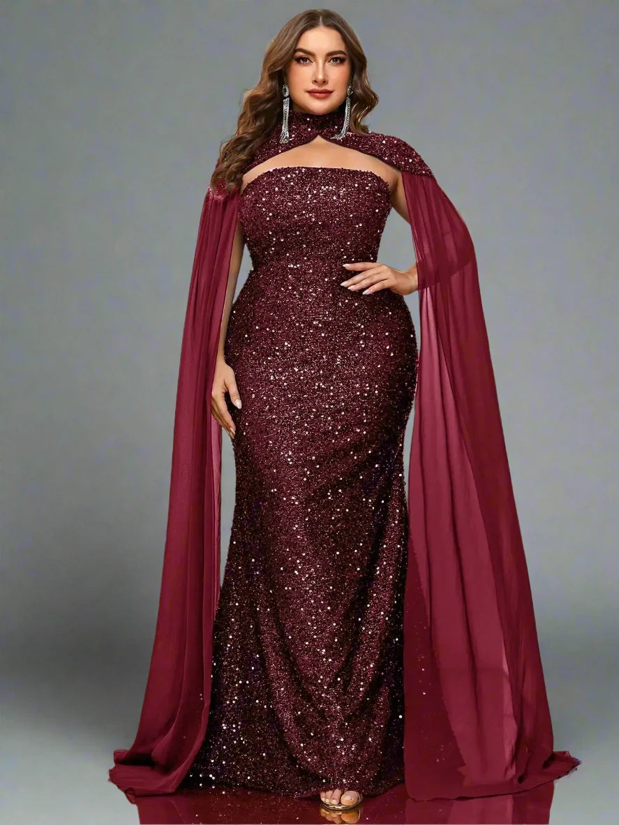 Ladies Plus Size Sequined Floor-Length Evening Dress