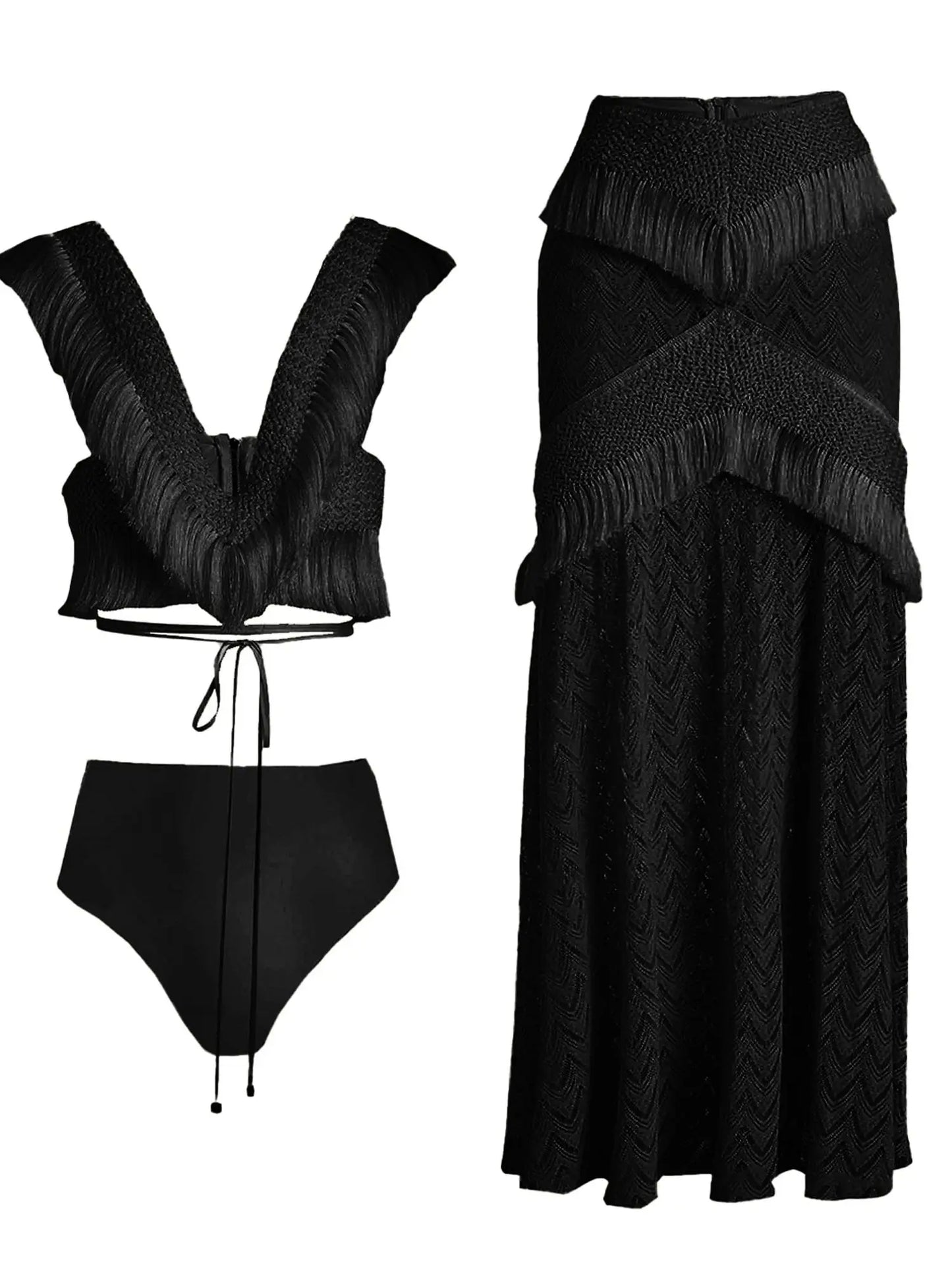 Fringe Trim Cropped Top and Skirt  Beach Set