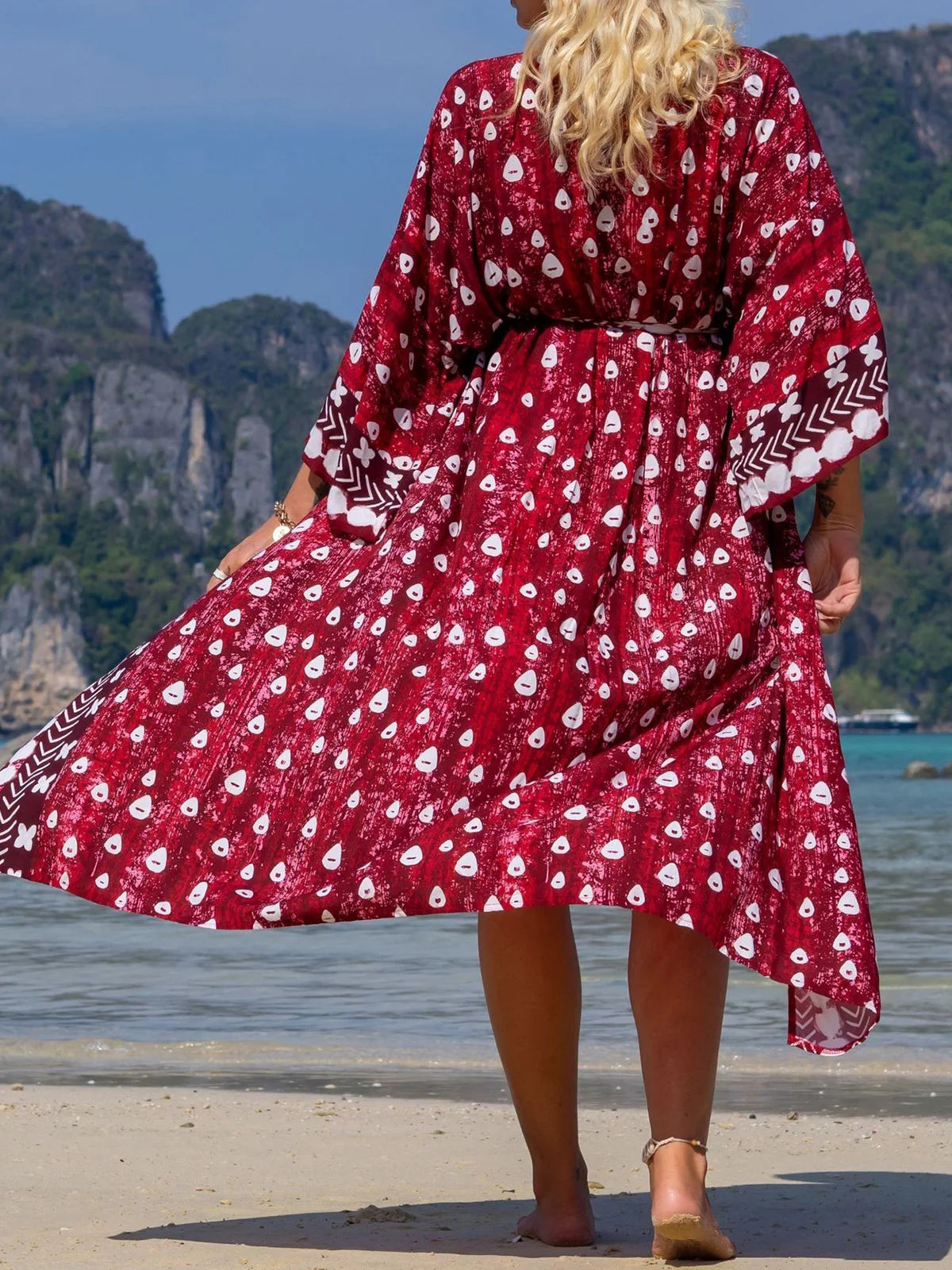 Printed V-Neck Loose Boho Kaftan for Beach Cover-ups