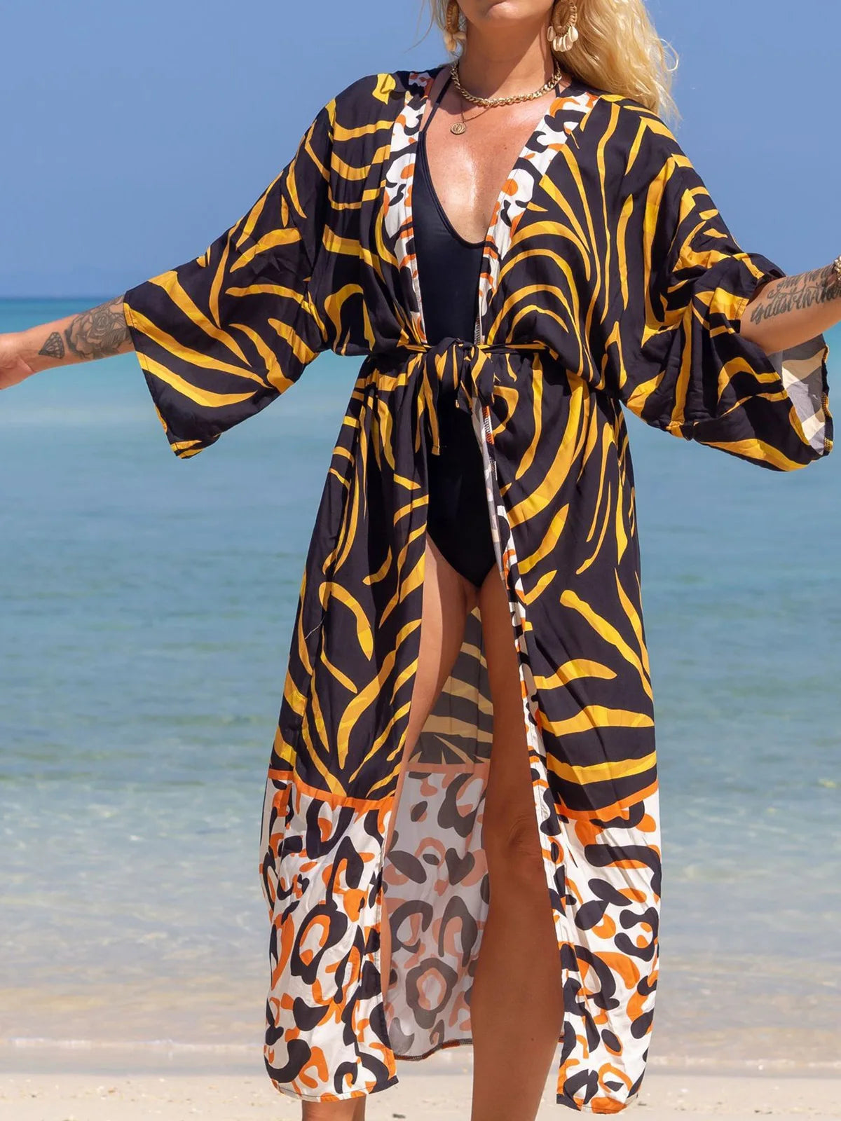 Printed V-Neck Loose Boho Kaftan for Beach Cover-ups