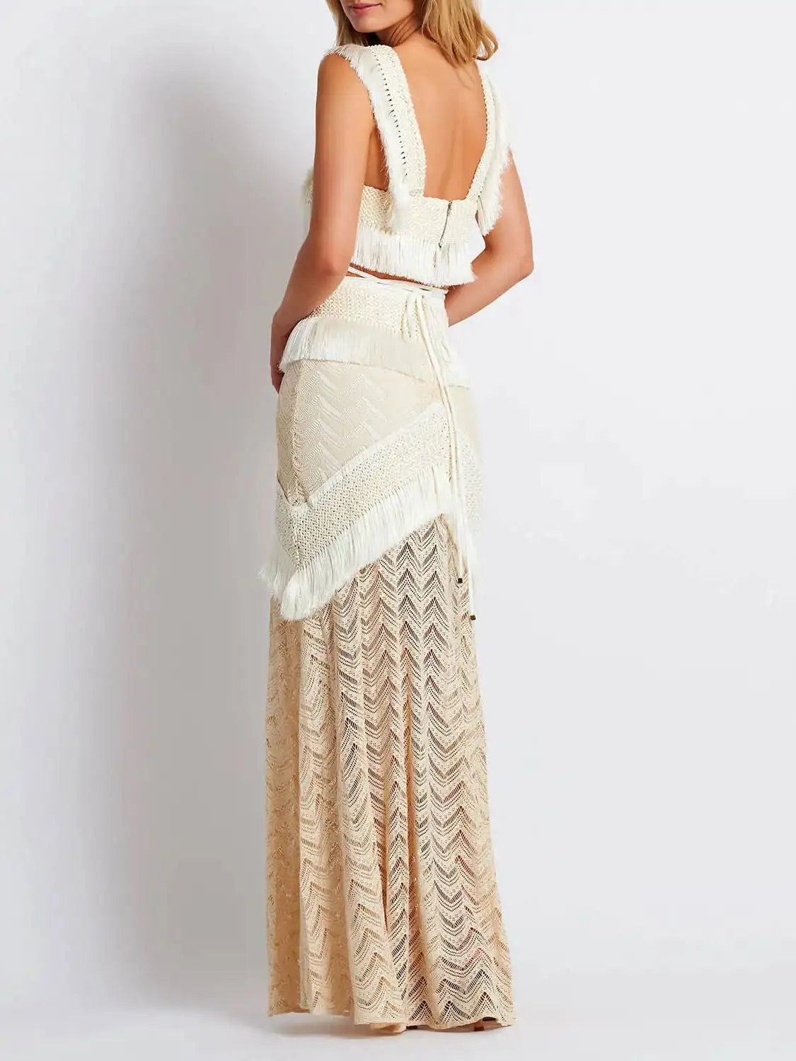 Fringe Trim Cropped Top and Skirt  Beach Set