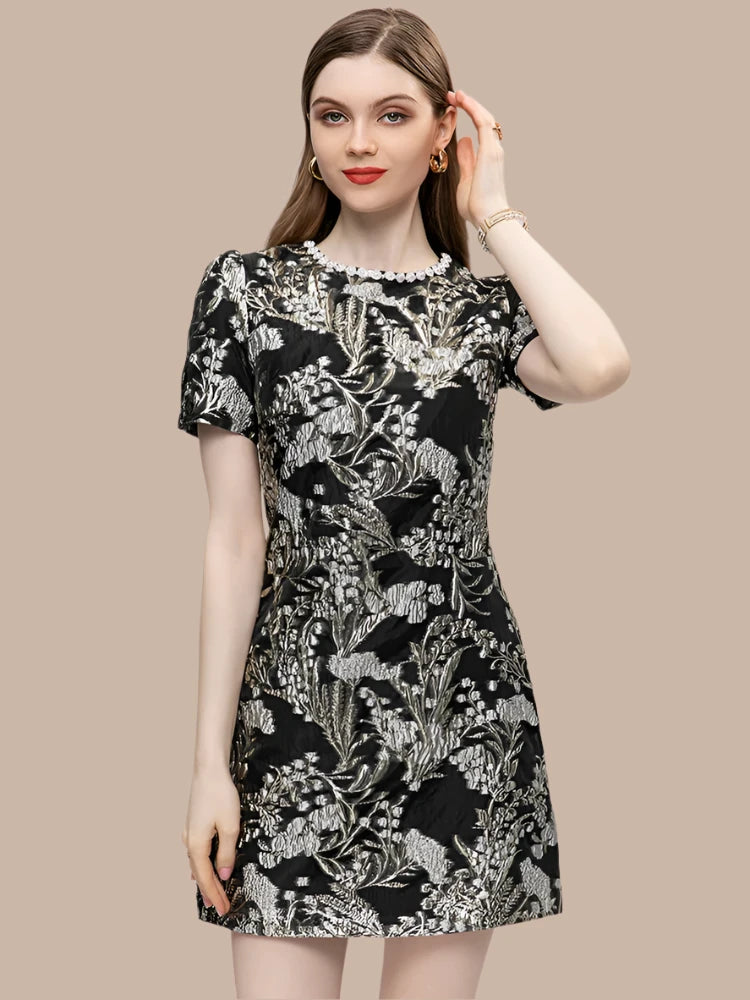 Women's Short Sleeve Diamonds Jacquard Elegant Mini Dress