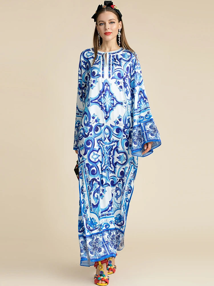 Women's Blue and White Porcelain Printed Bohemian Maxi Dress