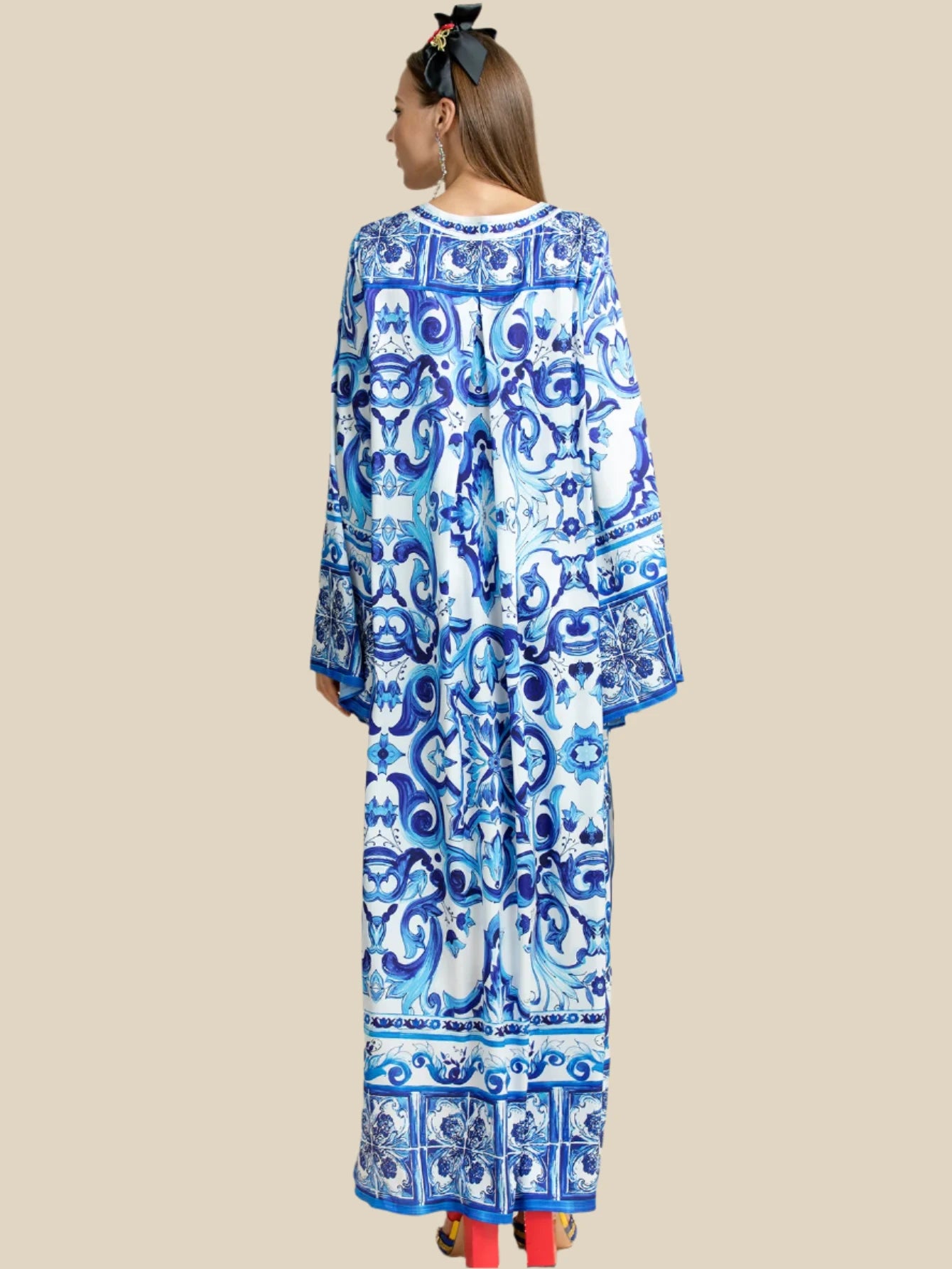 Women's Blue and White Porcelain Printed Bohemian Maxi Dress