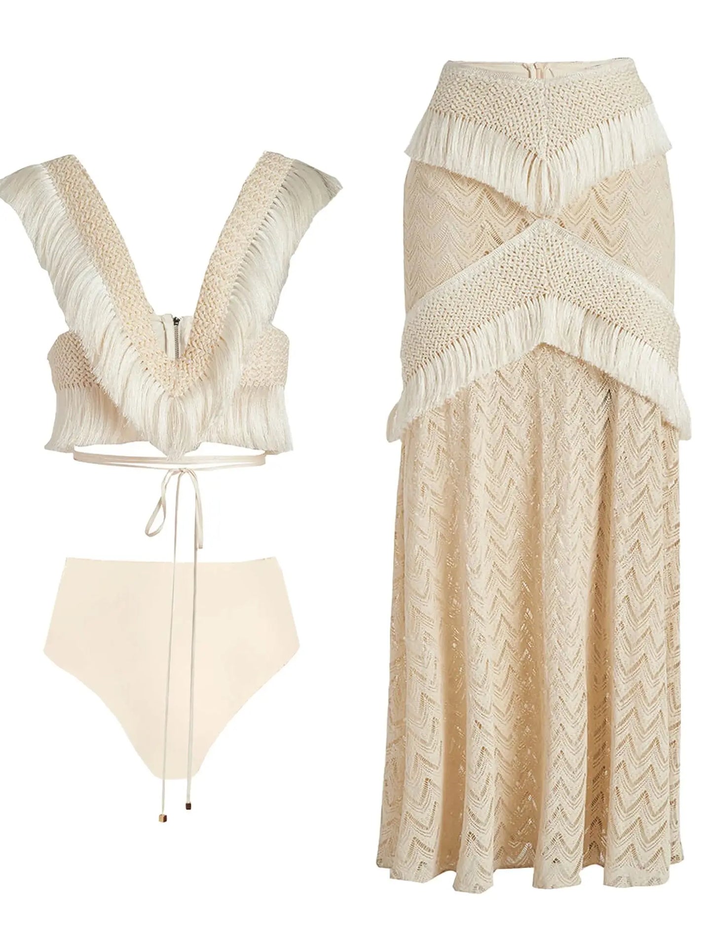 Fringe Trim Cropped Top and Skirt  Beach Set