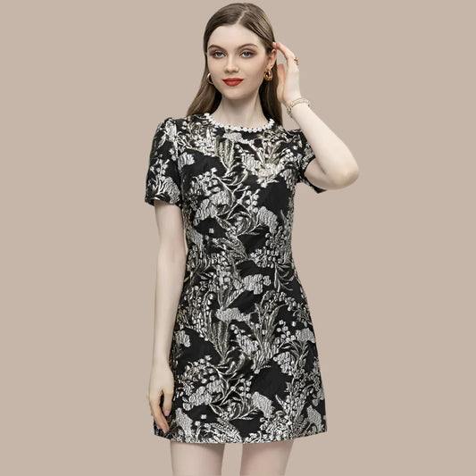 Women's Short Sleeve Diamonds Jacquard Elegant Mini Dress