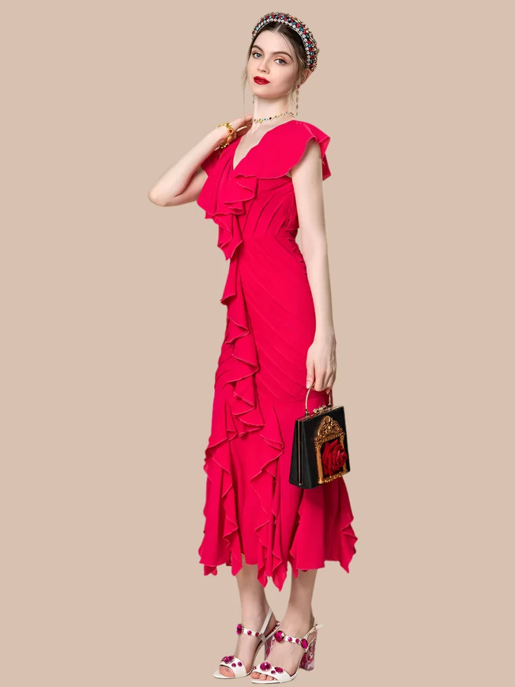 Women's Red V-Neck Slim Fit Ruffle Dress