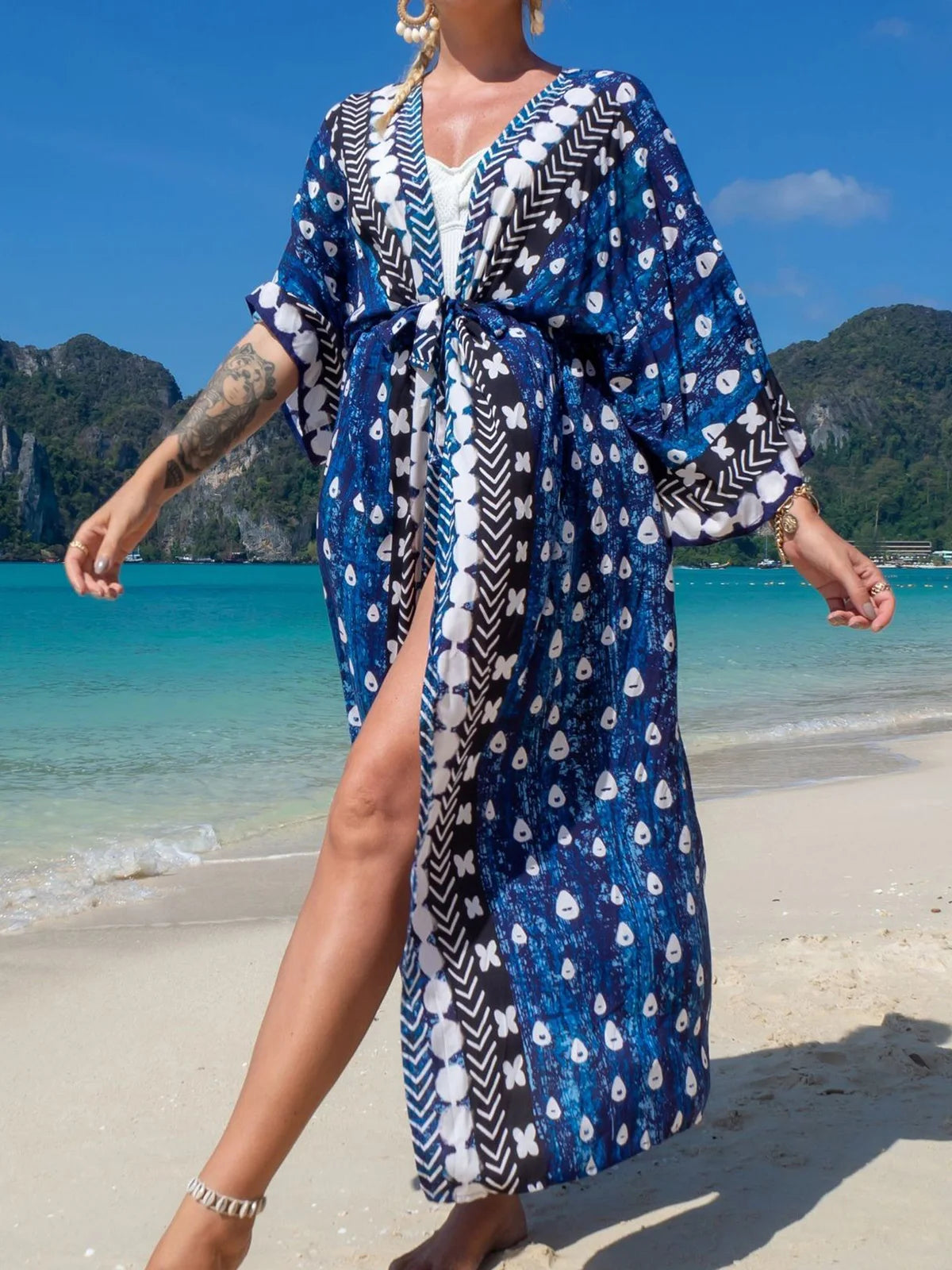 Printed V-Neck Loose Boho Kaftan for Beach Cover-ups