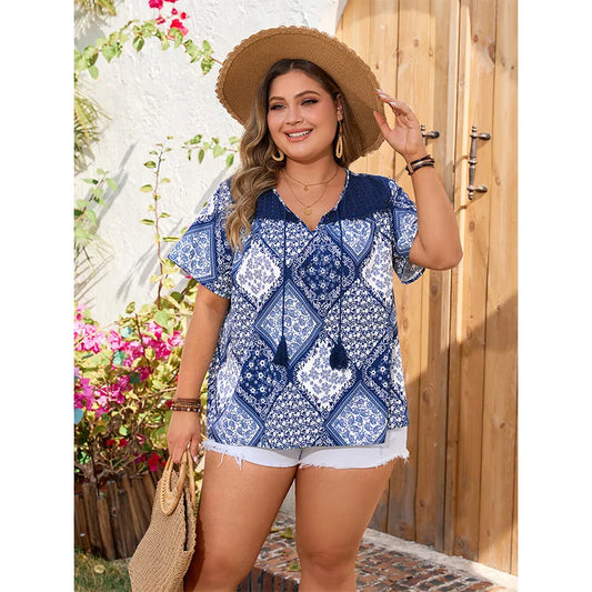 Plus Size V-Neck Women's Bohemian Blouse