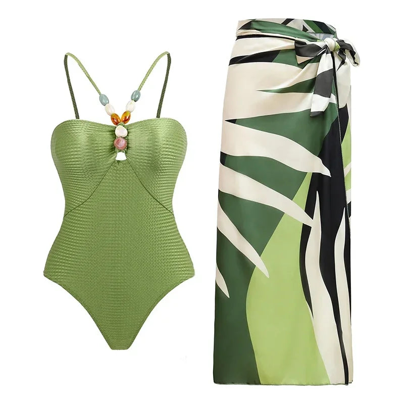 Women's One-Piece Swimsuit Set with Retro Floral Printed Skirt