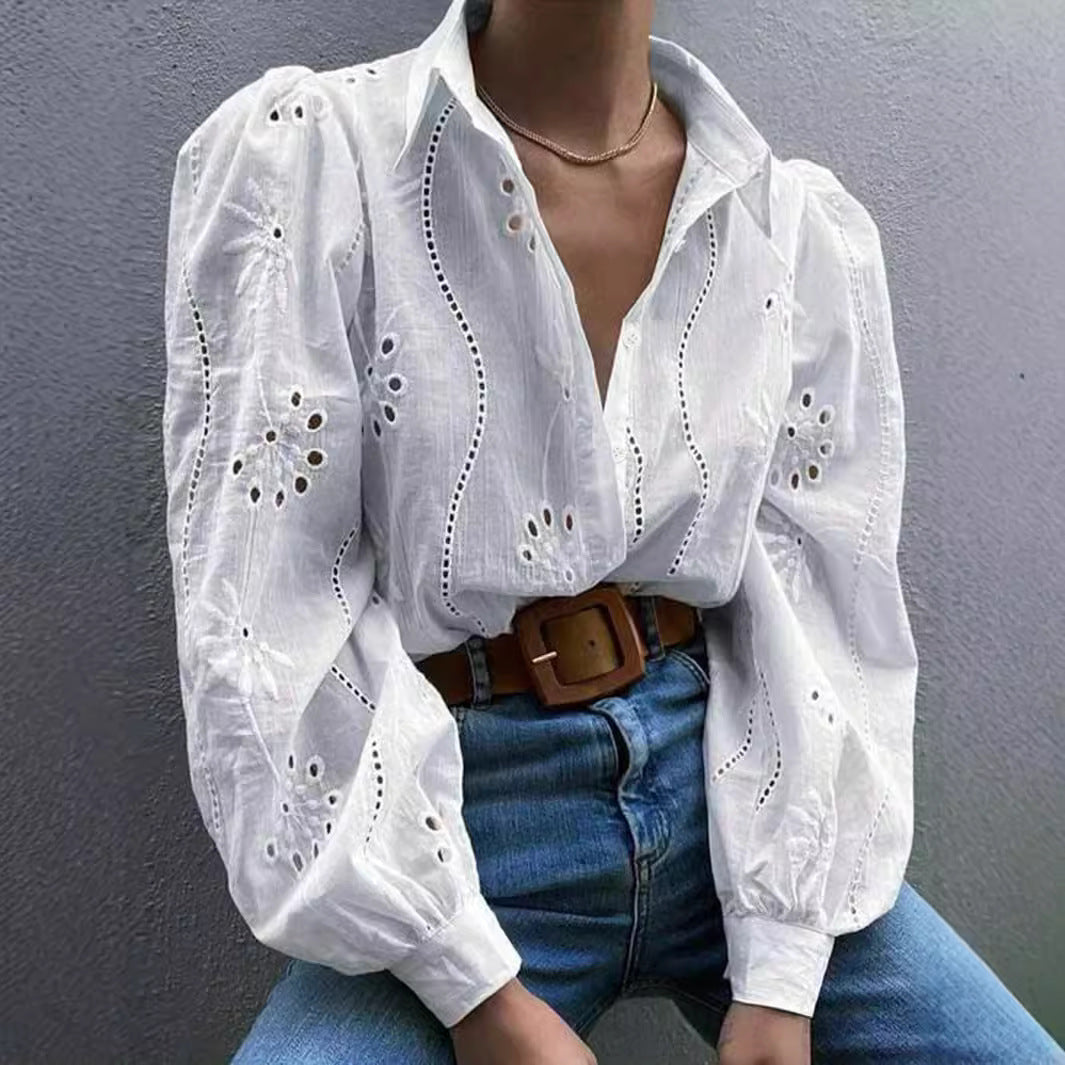 Women's Single-breasted Solid Color Embroidered Long-sleeved Lapel Shirt