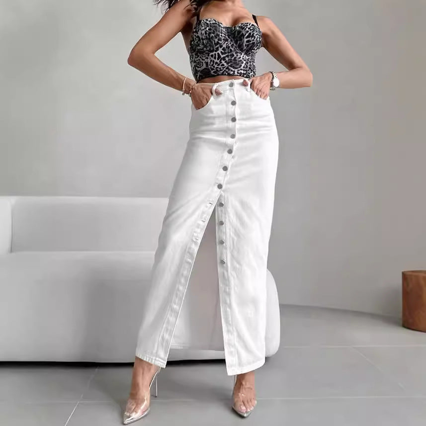 High Waist Slim-fit Buttoned Casual Long Skirt Women