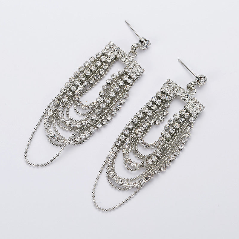 Modern Elegant Bead-set Diamond Tassel Ear Studs