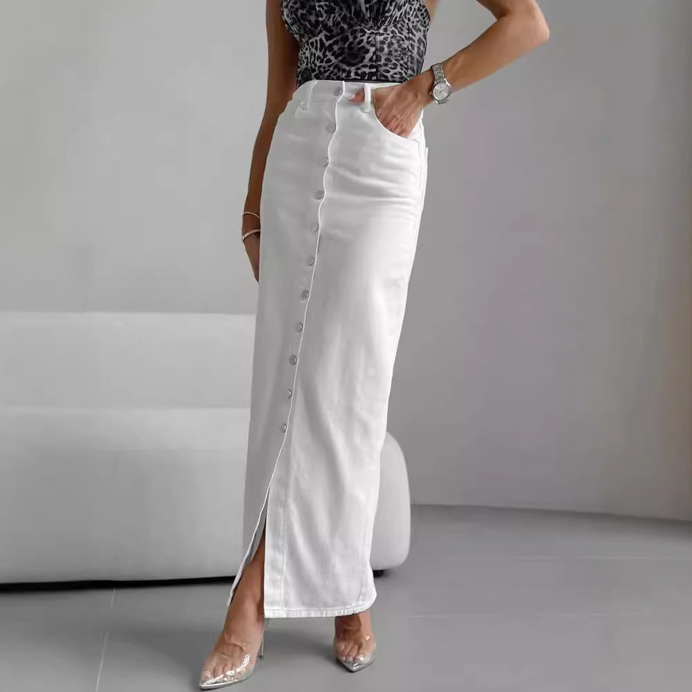 High Waist Slim-fit Buttoned Casual Long Skirt Women