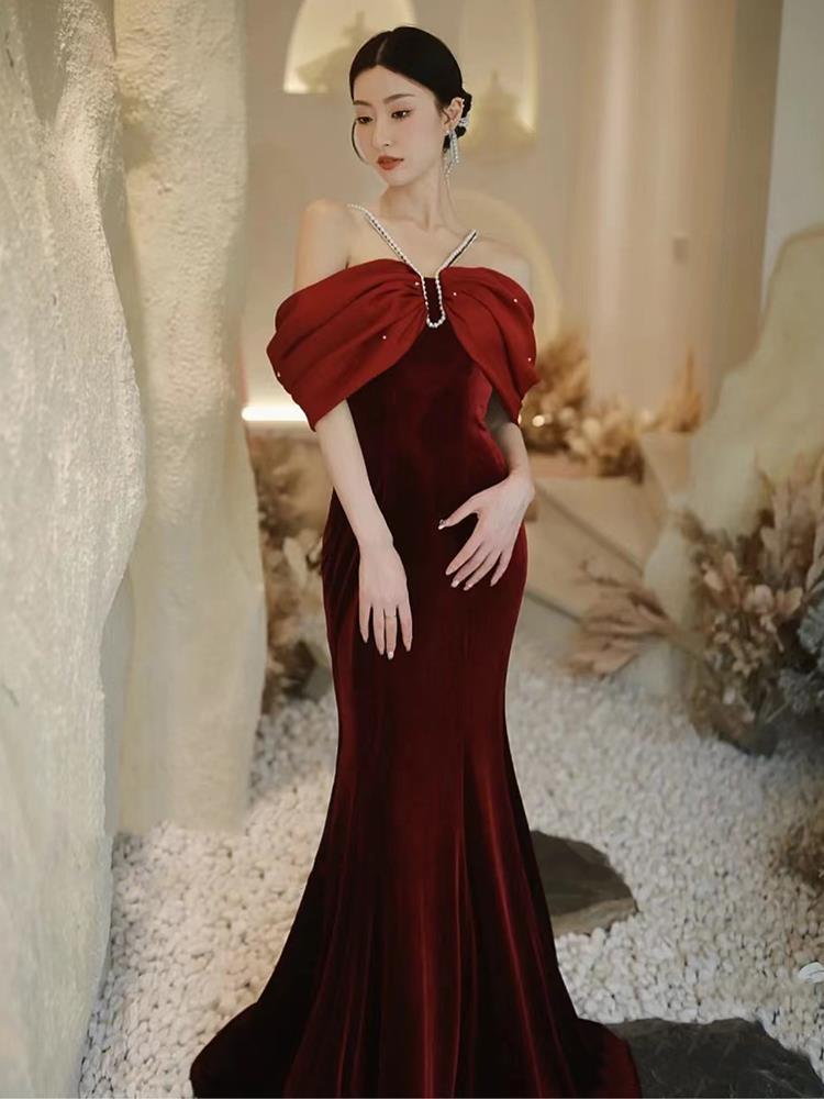 Women's Wine Red Fishtail Evening Dress