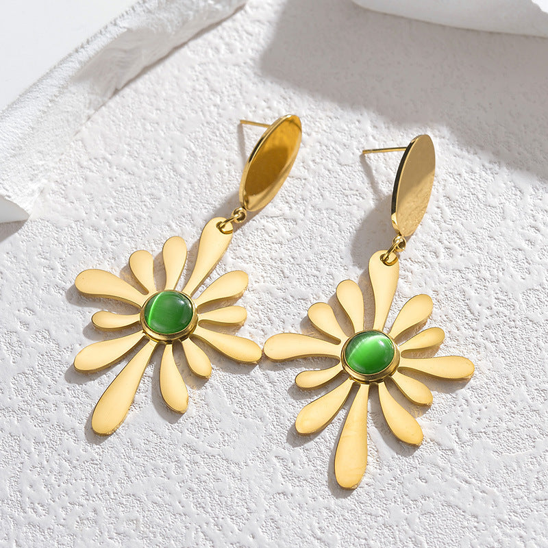 Vintage Fashion Green Stone Flower Tassel Earrings For Women